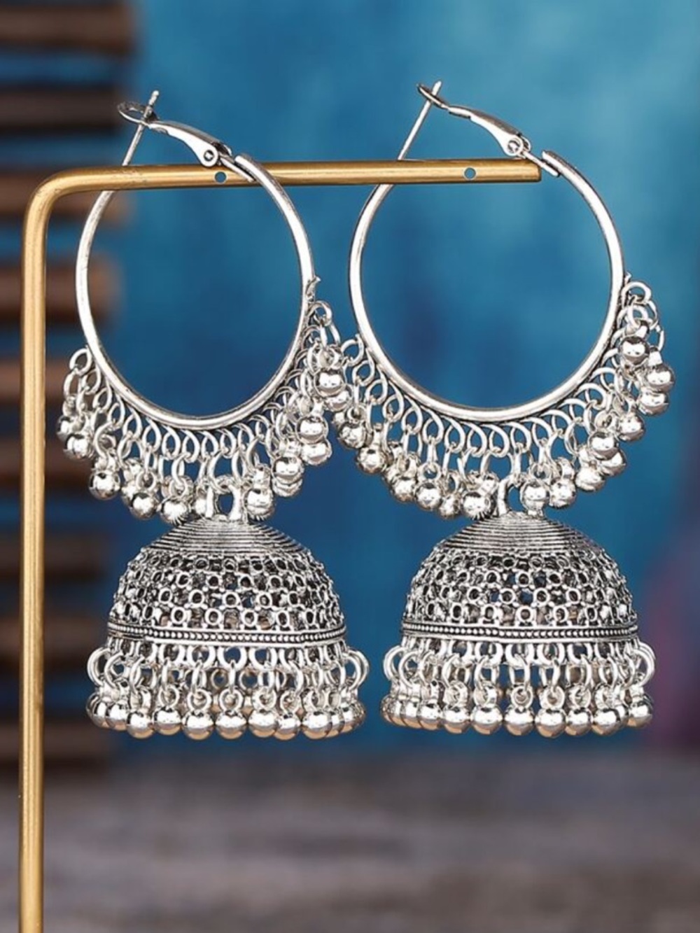 Silver Jhumka Hoop Earrings - Traditional Indian Style - Picture 5 of 6